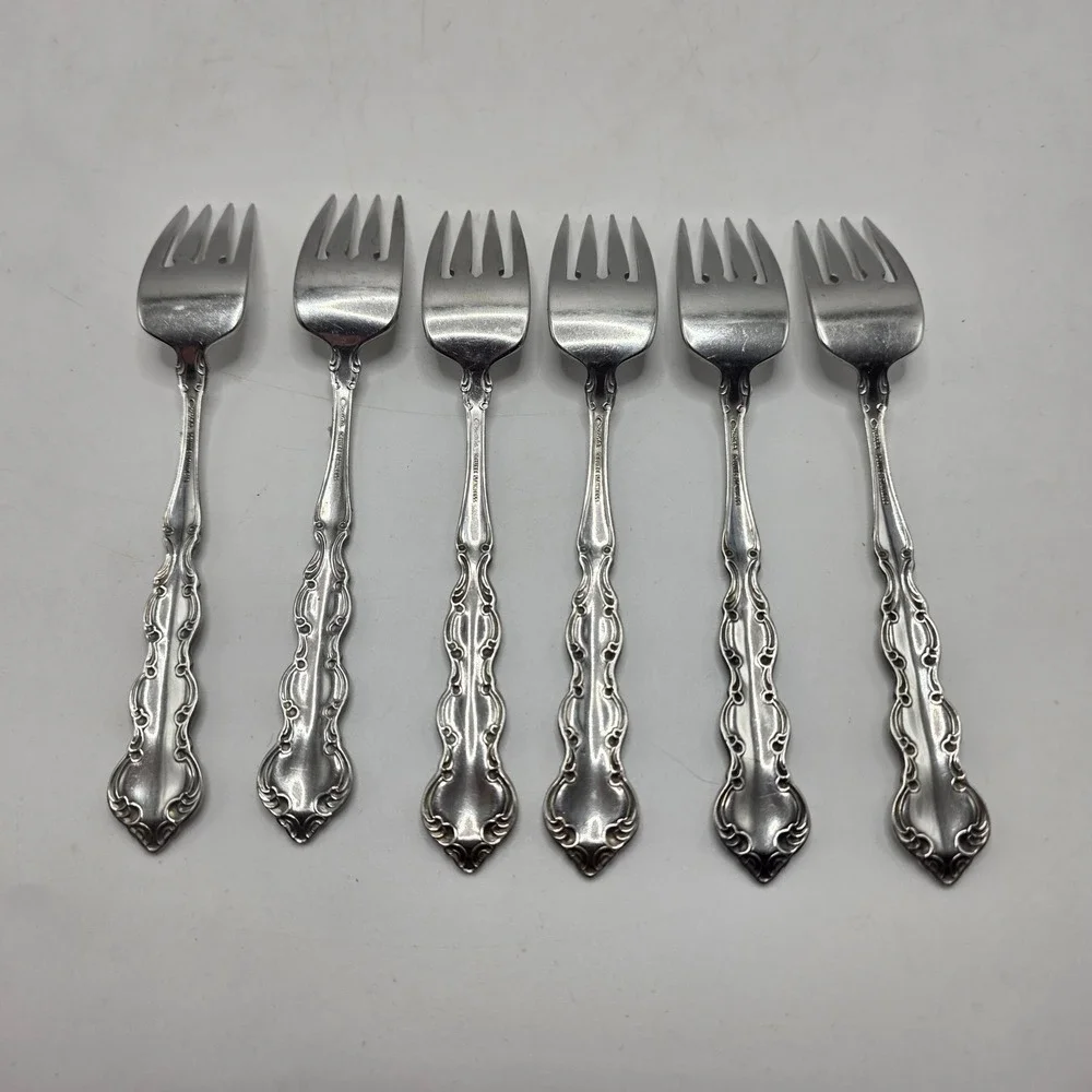 Oneida Salad Fork Chateau Deluxe Stainless Ornate Scroll Glossy Flatware Set 6pc